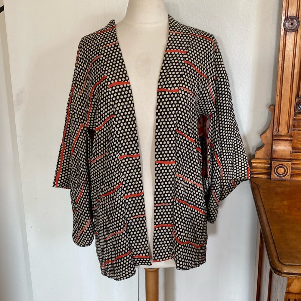 Authentic handmade, silk kimono, black cream polkadots with red striping